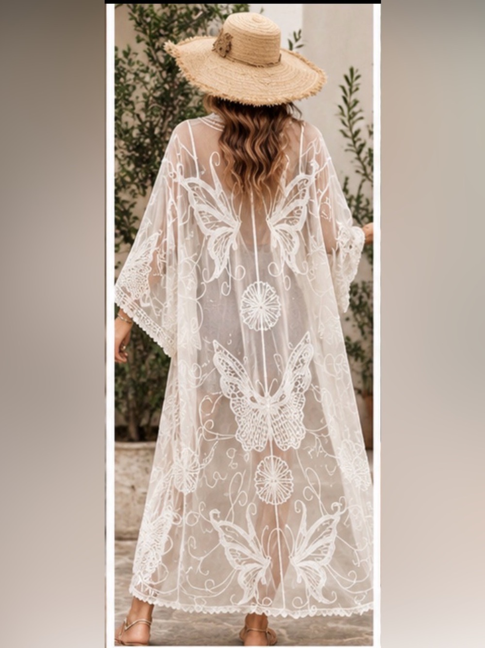 Sheer Embroidered Kimono Cover-Up in Cream - Picture 2 of 13